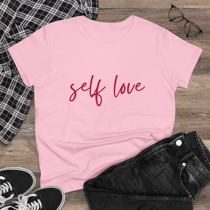 T-Shirt for Women - Self Love Handwritten Text in Deep Red on Soft Pink Fabric