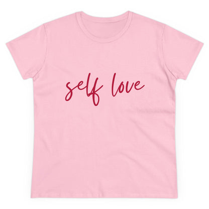 T-Shirt for Women - Self Love Handwritten Text in Deep Red on Soft Pink Fabric