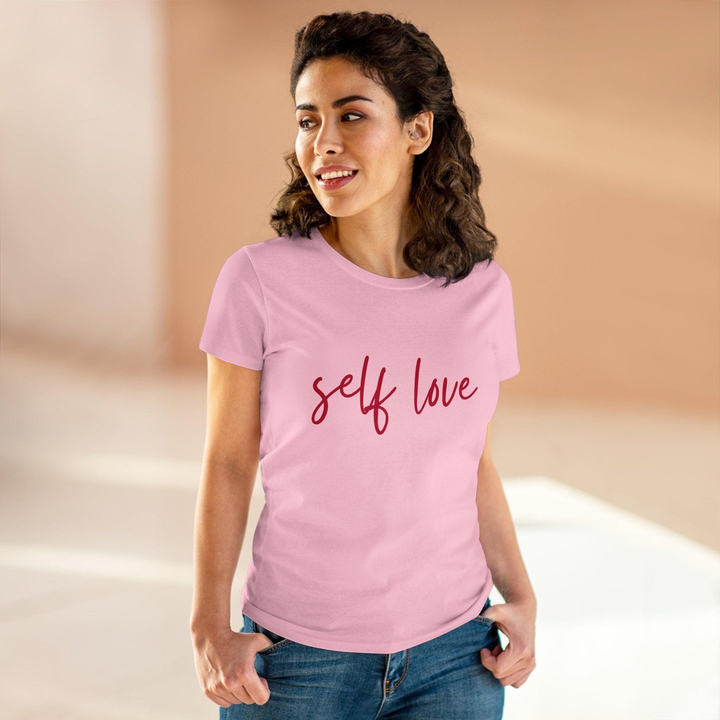 T-Shirt for Women - Self Love Handwritten Text in Deep Red on Soft Pink Fabric