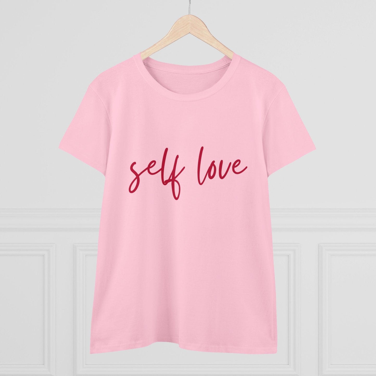 T-Shirt for Women - Self Love Handwritten Text in Deep Red on Soft Pink Fabric